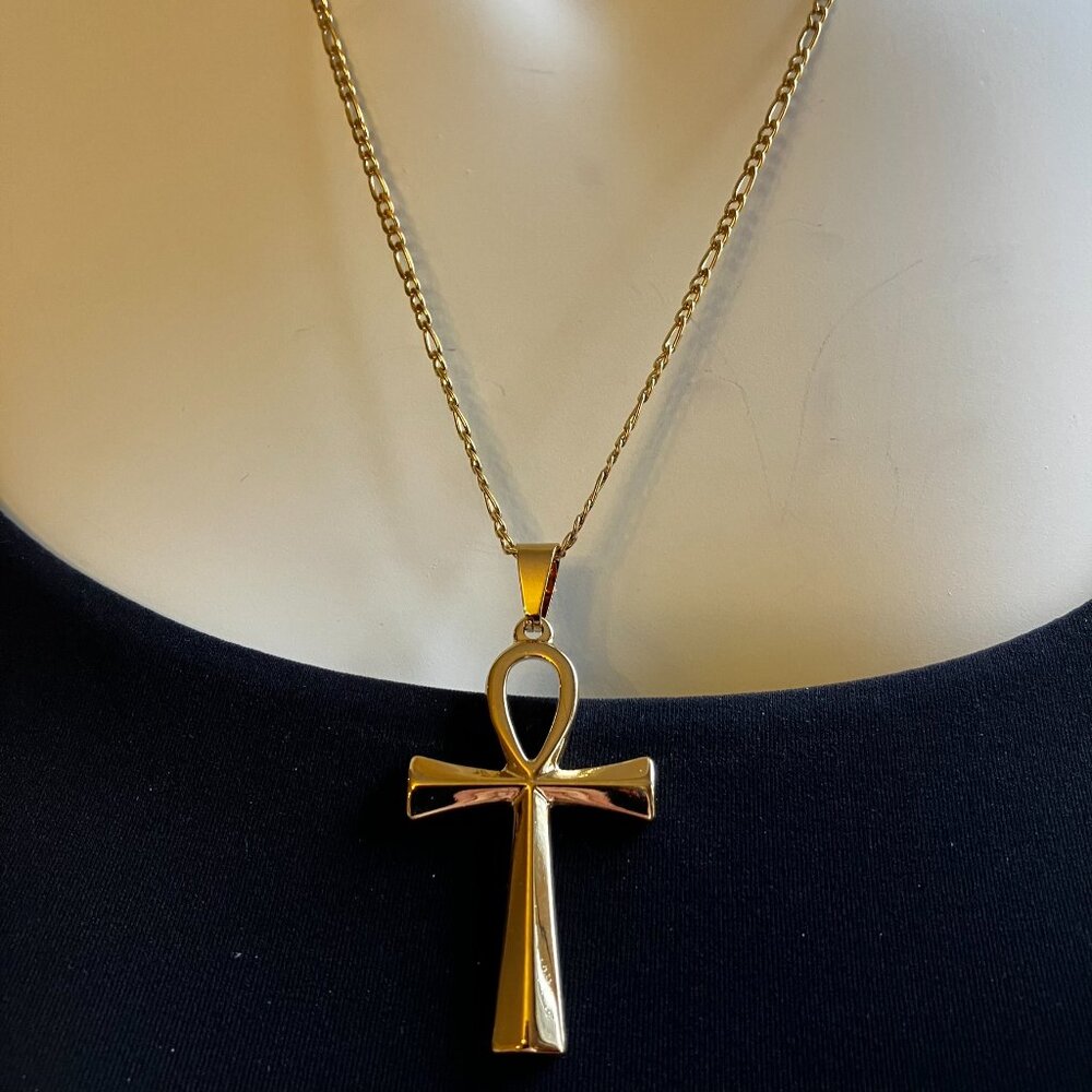 Real 18k Gold Plated 20 in Stainless Steel Figaro + matching Cross Pendant  NEW